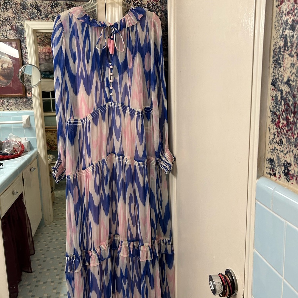 Anthropology The Marais Printed Chiffon Maxi Dress——pink and blue—XL